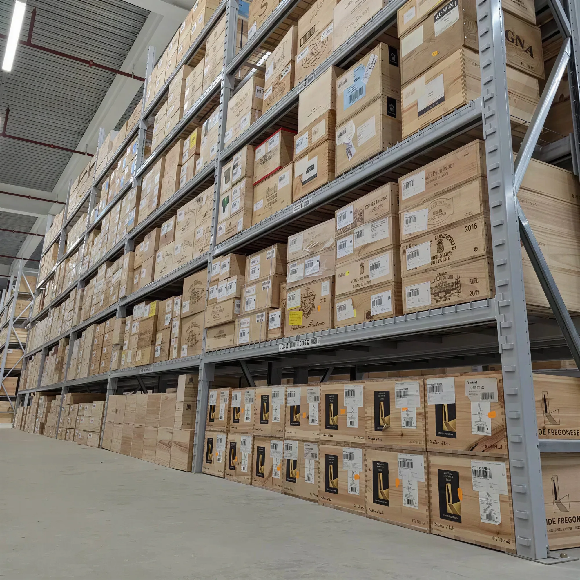 Cases of wine stored on warehouse racking